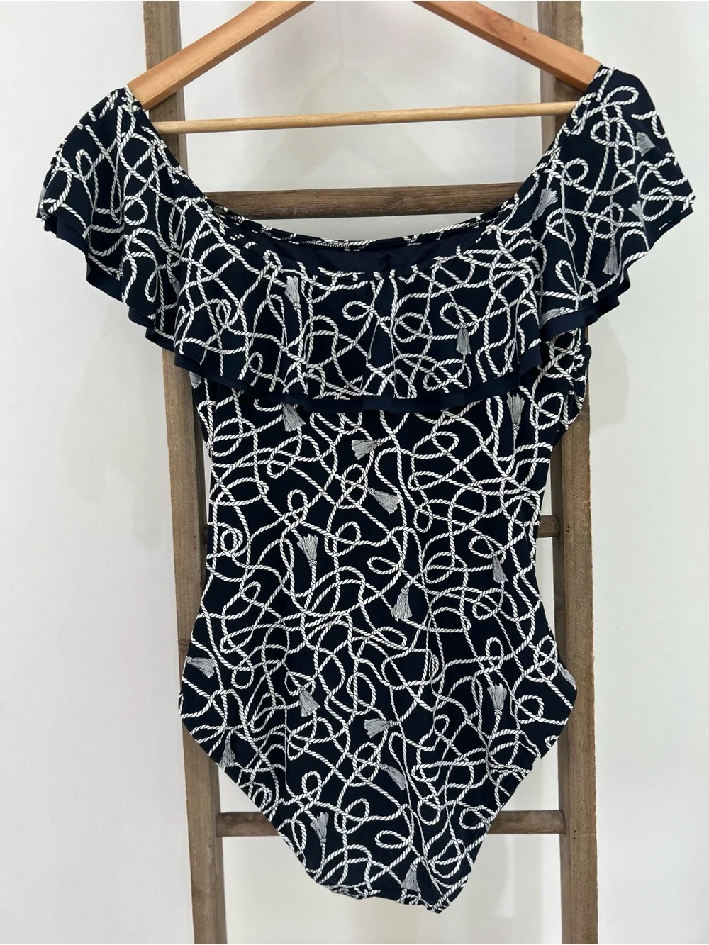 Michael Kors Nautical Twisted Rope Off The Shoulder One Piece Swimsuit Size 14